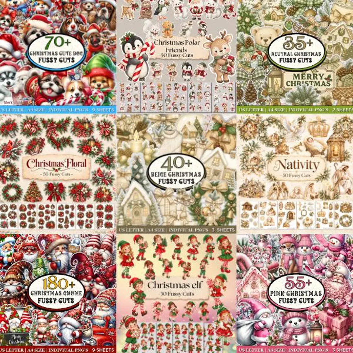999+ Mega Christmas Fussy Cuts Bundle, Festive Fussy Cuts, Christmas Junk Journal Sheet A4 US Page